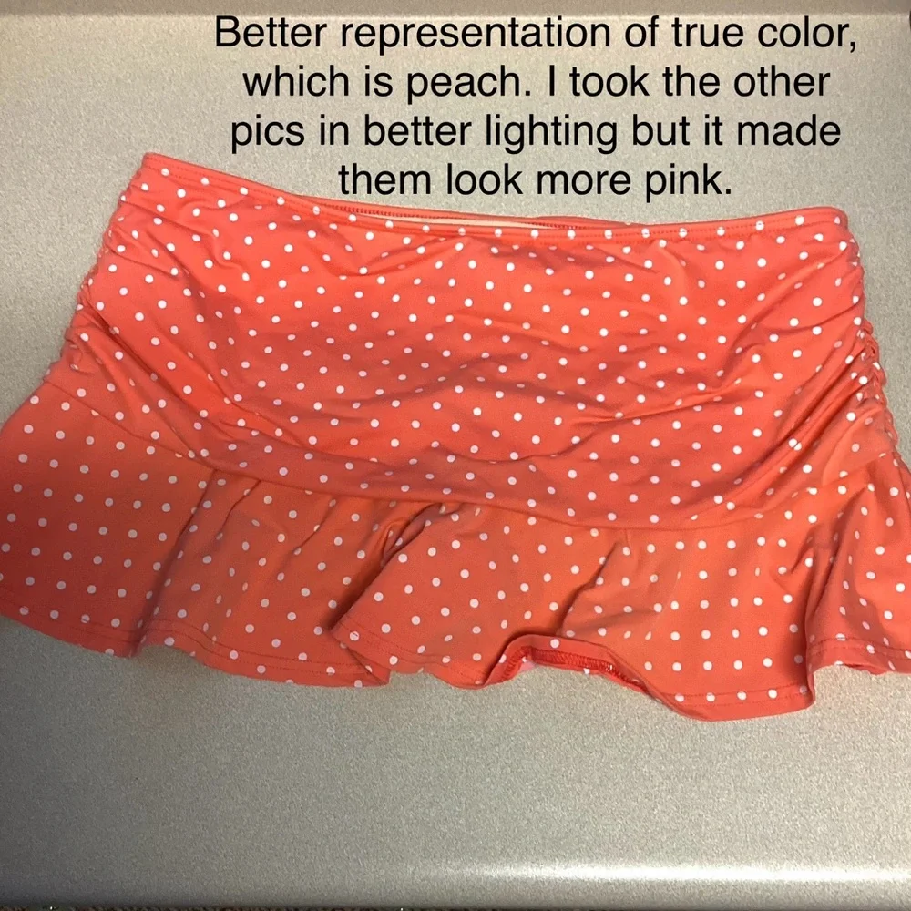 EUC Lands' End Peach Polka Dot Ruffle Swim Skirt, Women Sz 10, Built-in Panty - Picture 13 of 15